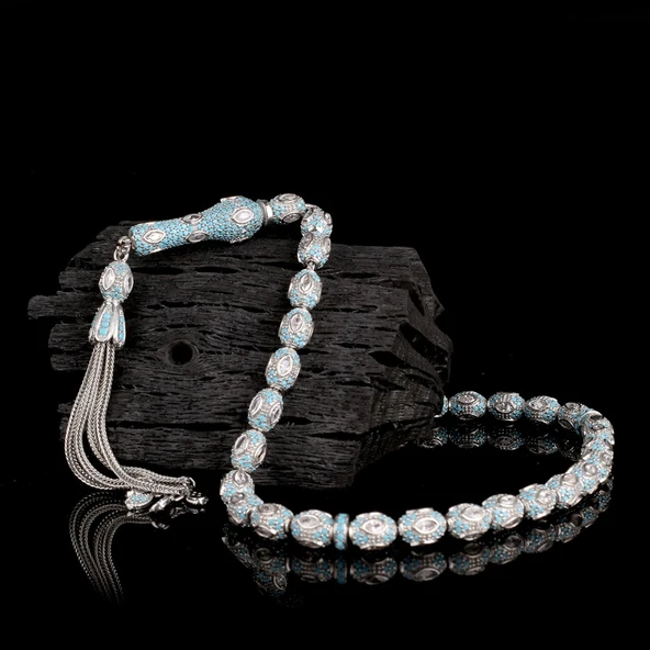 TURKUAZ MİKRO ZİRKON TAŞLI 925 AYAR GÜMÜŞ TESBİH - Resim 2