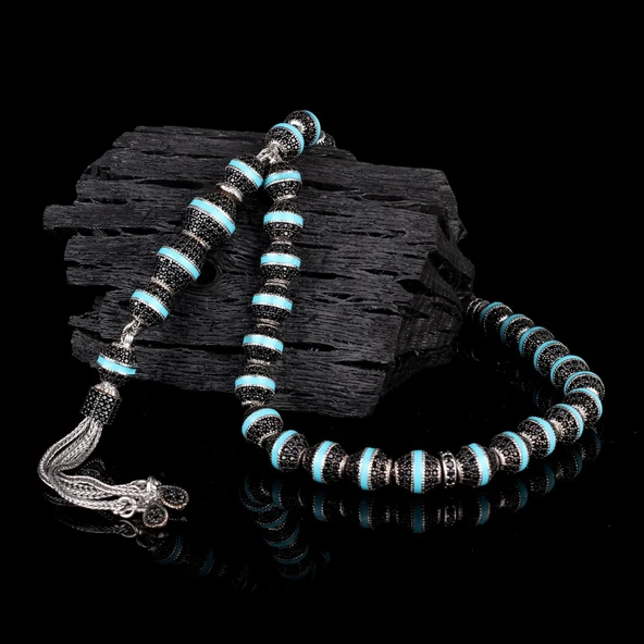 TURKUAZ RENK MİNELİ ZİRKON TAŞLI 925 AYAR GÜMÜŞ TESBİH - Resim 2