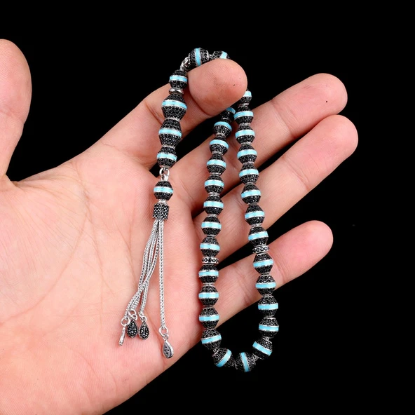 TURKUAZ RENK MİNELİ ZİRKON TAŞLI 925 AYAR GÜMÜŞ TESBİH - Resim 3