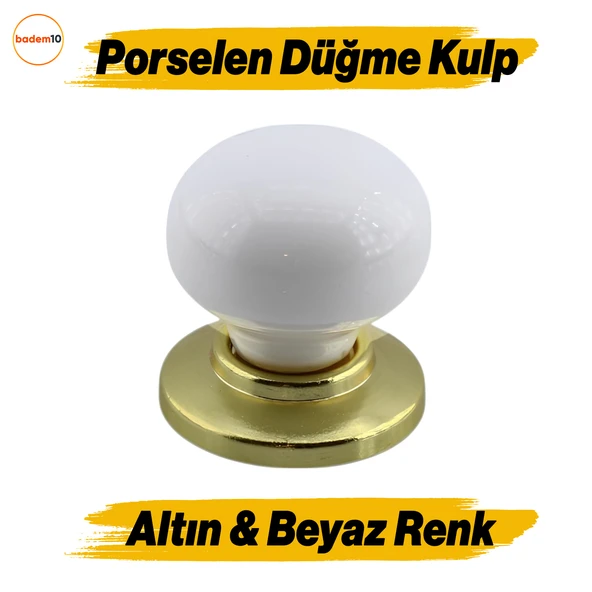 Tere Porselen Gold & Altın Beyaz Düğme Mobilya Mutfak Çekmece Dolap Dolabı Kulpu Kulbu Kulpları