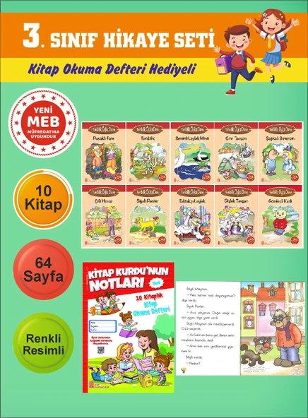 3.Sınıflar İçin Okumayı Sevdiren 10 lu Hikaye Seti 14 (Kitap Okuma Defteri Hediyeli) ürün görseli 1