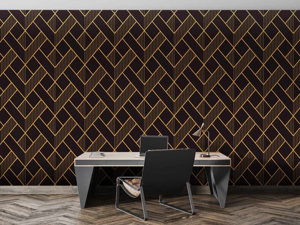3 Boyutlu Koyu Siyah Geometri Altın Desenli Duvar Kağıdı - 4