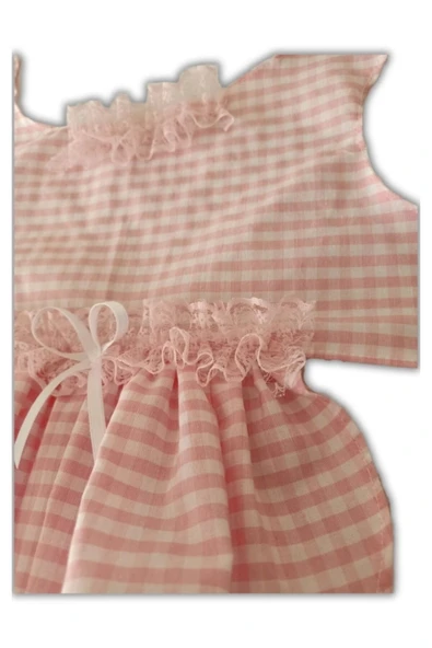 Pembe Beyaz Kareli Kurdeleli Güpürlü Kedi Köpek Kıyafeti Elbisesi XSmall/XS/Beden 0 - 5