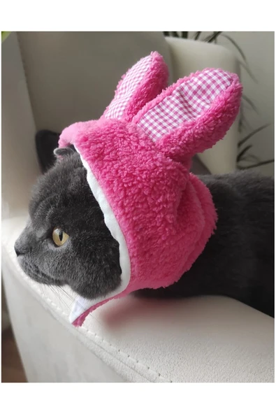 Peluş Tavşan Kulaklı Pembe Kedi Köpek Şapkası Yumuşacık Kedi Köpek Kıyafeti - 4