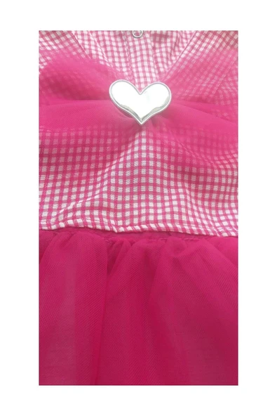 Pembe Kareli Kalpli Tüllü Kedi Köpek Kıyafeti Elbisesi S/SMALL/Beden 1 - 7