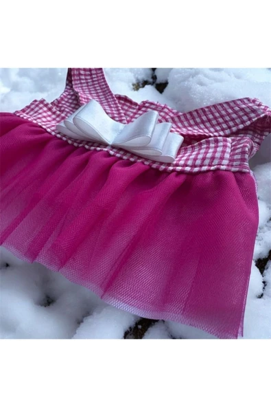 Pembe Kareli Fiyonklu Tüllü Kedi Köpek Kıyafeti Giyimi SMALL/S/Beden 1