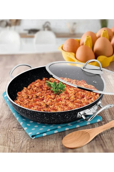 Lines Menemen Aşkı Cam Kapaklı Siyah Granit Tava 28 Cm