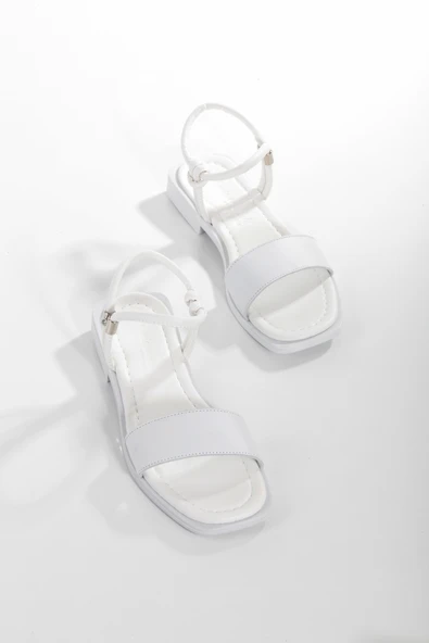 MİA028-3011 Hakiki Deri Kadın Günlük Konforlu BEYAZ Tatil Sandalet - Resim 3
