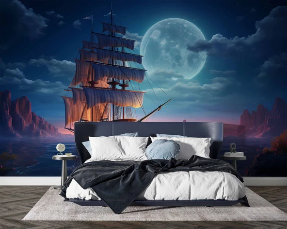 Gece Ay Deniz Korsan Gemisi Manzaralı Duvar Kağıdı - Resim 2
