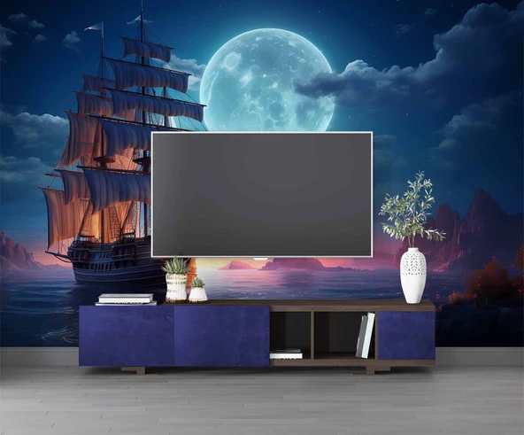 Gece Ay Deniz Korsan Gemisi Manzaralı Duvar Kağıdı - Resim 3
