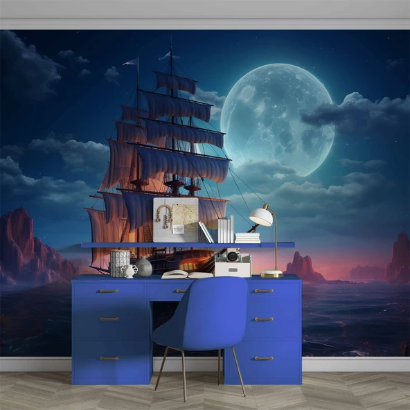 Gece Ay Deniz Korsan Gemisi Manzaralı Duvar Kağıdı - Resim 4