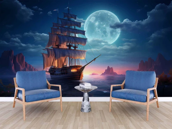 Gece Ay Deniz Korsan Gemisi Manzaralı Duvar Kağıdı - Resim 6