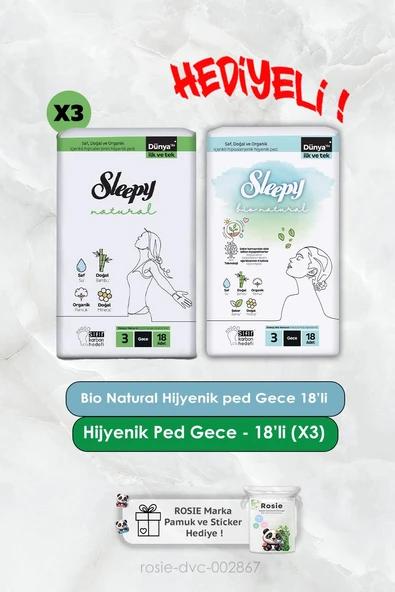 18 'li Bio Natural Hijyenik Ped Gece ve Ultra Hassas Gece 18'li X3 Rosie Hediye ürün görseli