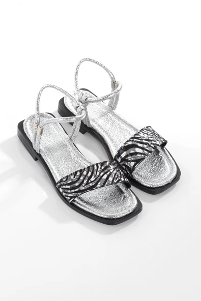 MİA028-3011 Hakiki Deri Kadın Günlük Konforlu SİYAH SİM Tatil Sandalet - Resim 4