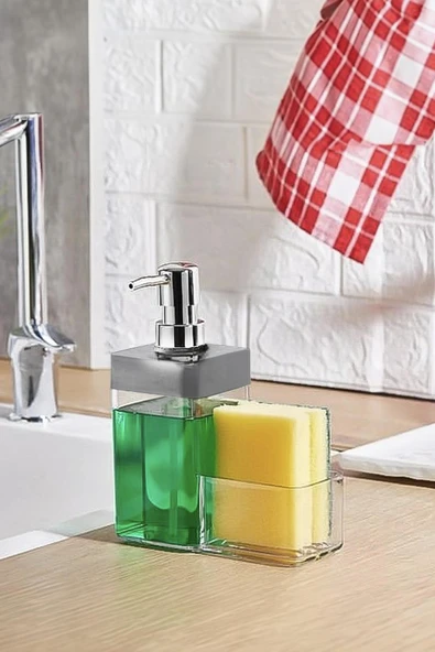 Gri Renkli Sıvı Sabunluk Süngerlik Hazneli 450 ml - 3