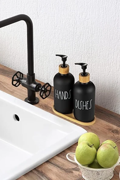 2 Li Bambu Altlıklı Sıvı Sabunluk Seti Siyah - 4