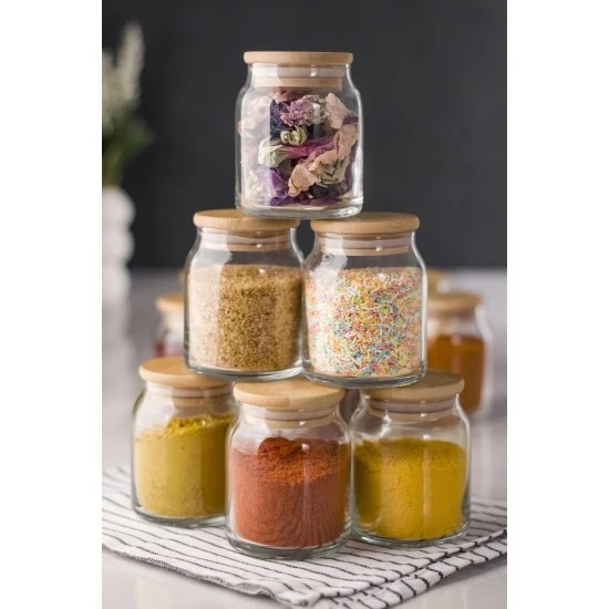 6 Lı Set Bambu Kapaklı Cam Kavanoz & Baharat Takımı & Baharatlık 200 ML ( Vakum Kapak ) - 5