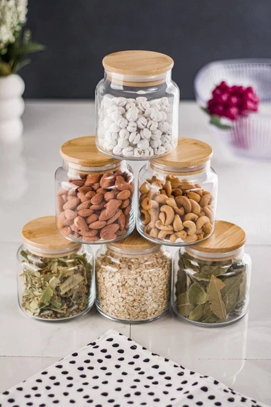 6 Lı Set Bambu Kapaklı Cam Kavanoz & Baharat Takımı & Baharatlık 500 ML ( Vakum Kapak ) - 2