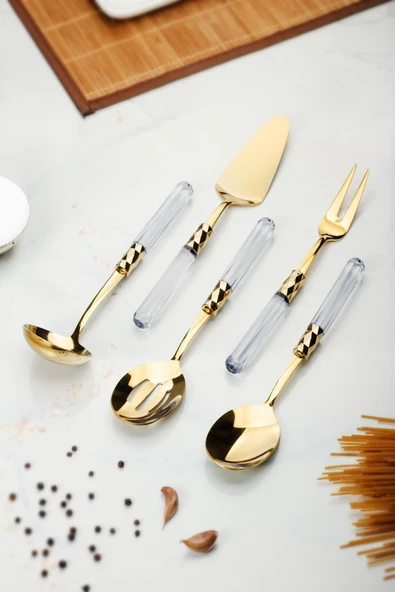5 Parça Gold Servis Seti & Servis Sunum Seti Şeffaf ( Kepçe / Kevgir / Sıpatula / Çatal / Kaşık ) - 3