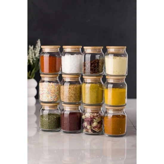 12 Li Set Bambu Kapaklı Cam Kavanoz & Baharat Takımı & Baharatlık 250 ML ( Vakum Kapak ) - 5