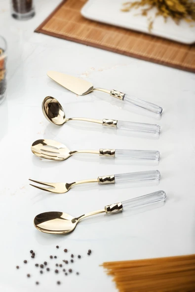 5 Parça Gold Servis Seti & Servis Sunum Seti Şeffaf ( Kepçe / Kevgir / Sıpatula / Çatal / Kaşık ) - 4