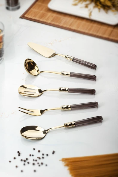 5 Parça Gold Servis Seti & Servis Sunum Seti Füme ( Kepçe / Kevgir / Sıpatula / Çatal / Kaşık ) - 4