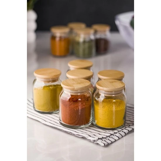 6 Lı Set Bambu Kapaklı Cam Kavanoz & Baharat Takımı & Baharatlık 200 ML ( Vakum Kapak ) - 2
