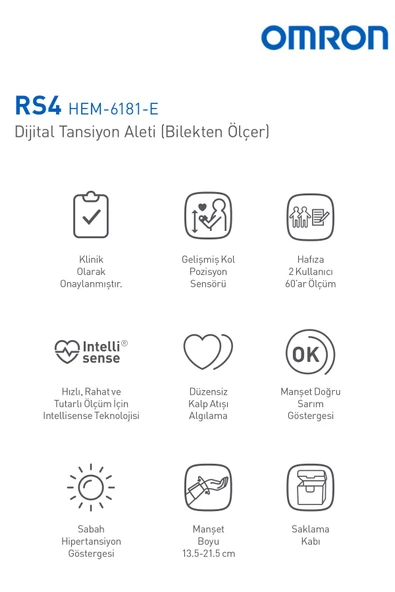 Omron  Rs4 Hem-6181-e Sensörlü 60 Hafızalı Bilekten Tansiyon Aleti - 3
