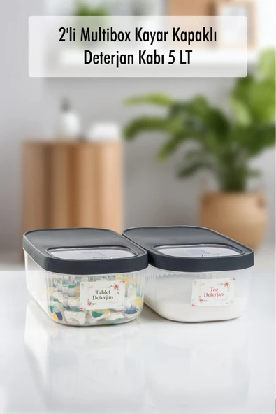2Li 5 LT Multibox Kayar Kapaklı Saklama Kabı & Erzak Kabı & Toz Ve Tablet Deterjan Kutusu ( ETİKET H