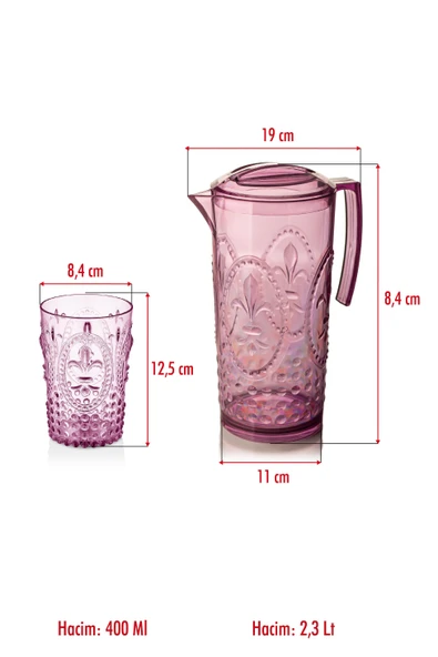 Akrilik Mürdüm Sürahi 2,3 lt Ve 6lı & Su Meşrubat Kahve Yanı Bardağı 400 ml Seti ( Cam Değildir ) - Resim 12