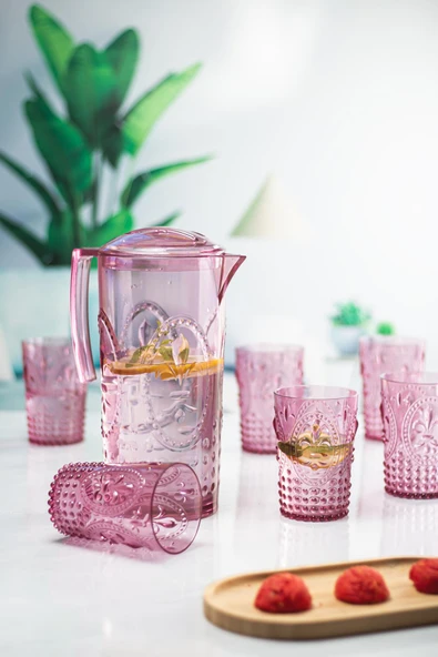 Akrilik Mürdüm Sürahi 2,3 lt Ve 6lı & Su Meşrubat Kahve Yanı Bardağı 400 ml Seti ( Cam Değildir ) - Resim 4