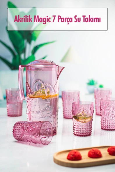 Akrilik Mürdüm Sürahi 2,3 lt Ve 6lı & Su Meşrubat Kahve Yanı Bardağı 400 ml Seti ( Cam Değildir )