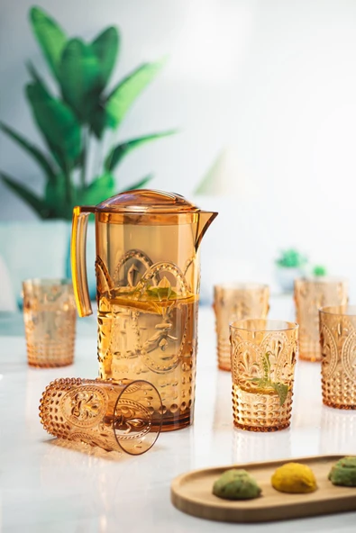Akrilik Bal Sürahi 2,3 lt Ve 6lı Su Meşrubat Kahve Yanı Bardağı 400 ml Seti ( Cam Değildir ) - 2