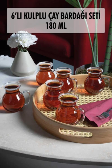 6lı Keyfi Ala Borosilikat Cam Kulplu Çay Bardağı