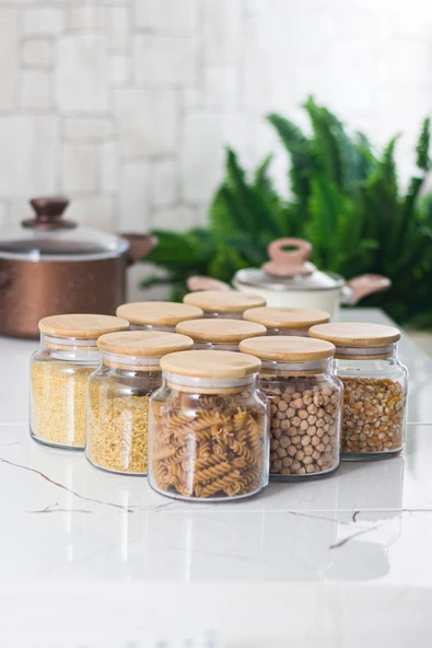 9 Lu Set Bambu Kapaklı Cam Kavanoz & Erzak Saklama Kabı 500 ml Küçük Boy ( Vakum Kapak ) - 4