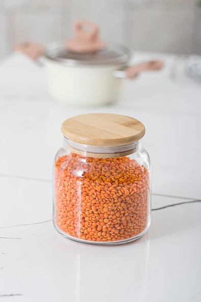 9 Lu Set Bambu Kapaklı Cam Kavanoz & Erzak Saklama Kabı 500 ml Küçük Boy ( Vakum Kapak ) - 6
