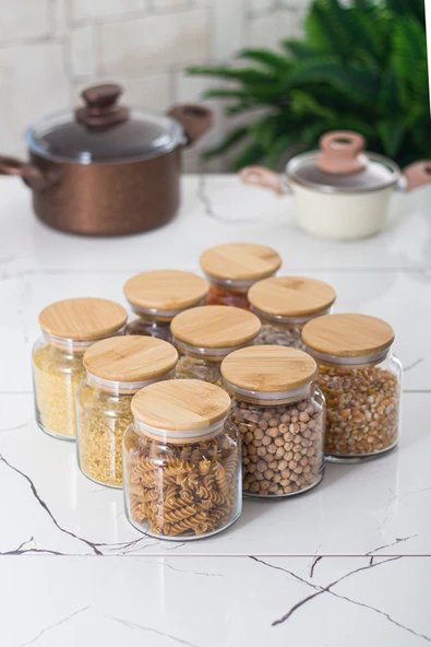9 Lu Set Bambu Kapaklı Cam Kavanoz & Erzak Saklama Kabı 500 ml Küçük Boy ( Vakum Kapak ) - 3