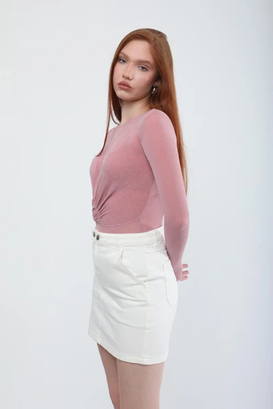 Kadın %100 Pamuk Ekru Jean Etek - 2