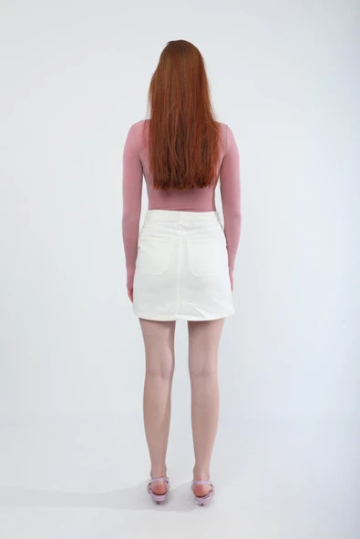 Kadın %100 Pamuk Ekru Jean Etek - 6