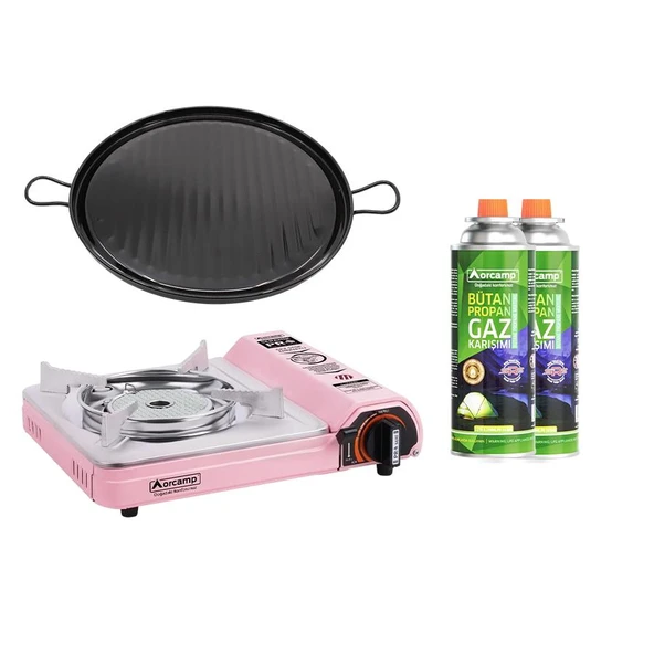 Orcamp Seramik Pro Kamp Ocak Pembe CK-508+Emaye Sac Katmer GR-823-60+2 Adet Kartuş KTS-227 ORC-018-B5