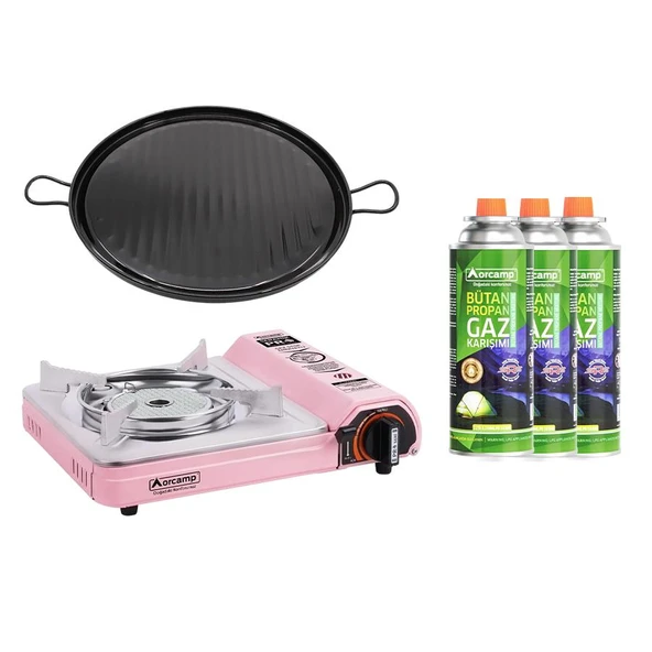 Orcamp Seramik Pro Kamp Ocak Pembe CK-508+Emaye Sac Katmer GR-823-60+3 Adet Kartuş KTS-227 ORC-018-B6