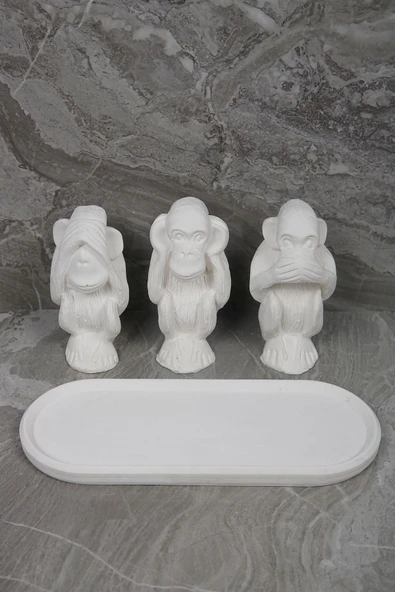 3 Maymun Görmedim Duymadım Bilmiyorum Beton Biblo Tepsili Boyanabilir Beyaz Set - 5