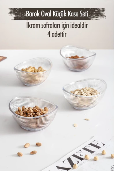 Akrilik Barok Şeffaf Oval 4lü Küçük Kase Seti & Çerezlik & Sunumluk & İkramlık (Cam Değildir)