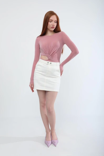 Kadın %100 Pamuk Ekru Jean Etek - 3