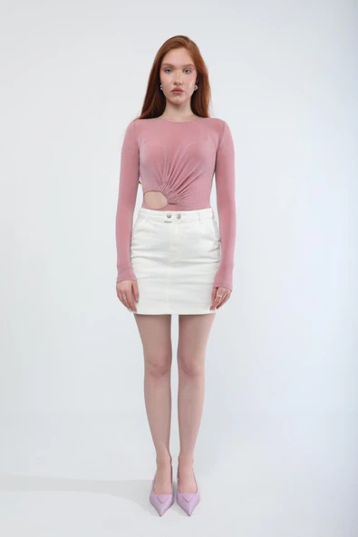 Kadın %100 Pamuk Ekru Jean Etek - 4