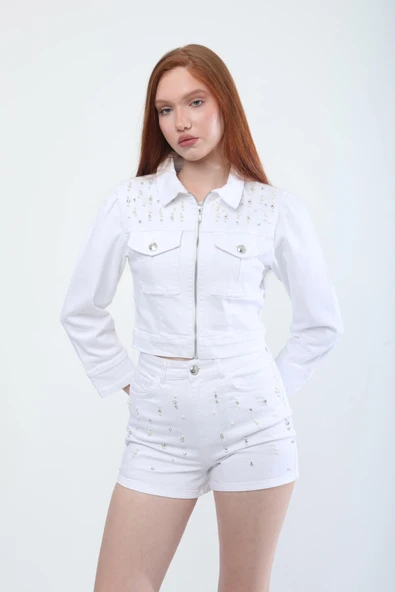 Kadın Taş Detaylı Fermuarlı Jean Ceket - 2