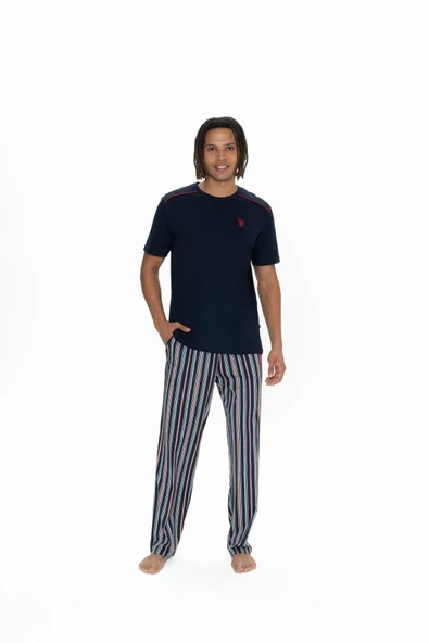 U.S. Polo Assn. Erkek %100 Pamuk 3'lü Çizgili Pijama Takım - Resim 2