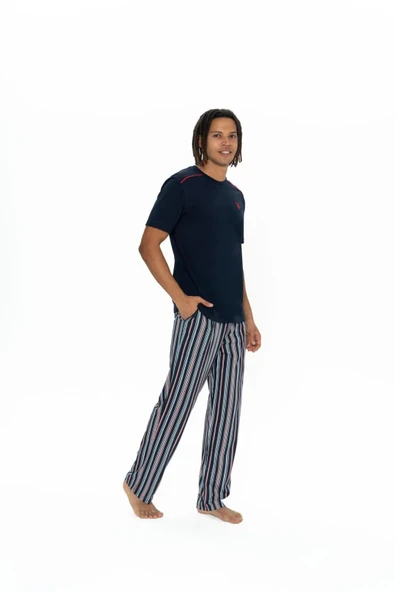 U.S. Polo Assn. Erkek %100 Pamuk 3'lü Çizgili Pijama Takım - Resim 11