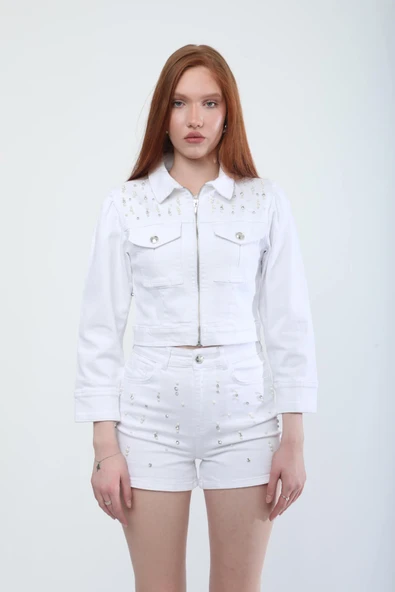 Kadın Taş Detaylı Fermuarlı Jean Ceket - 4