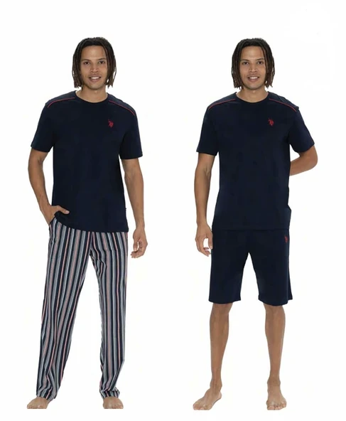 U.S. Polo Assn. Erkek %100 Pamuk 3'lü Çizgili Pijama Takım - Resim 9